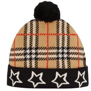 Burberry Unisex Boy Girl Check Stars Wool Pom Pom Beanie Hat Sz Medium Beige NWT